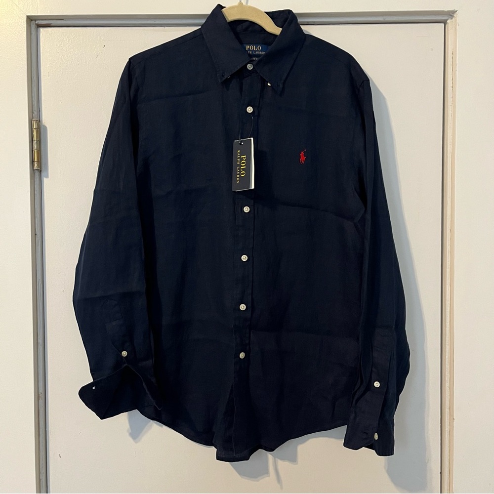 Polo by Ralph Lauren Men's Navy Button-Down Shirt Linen medium NWT